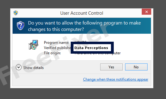 Screenshot where Data Perceptions appears as the verified publisher in the UAC dialog